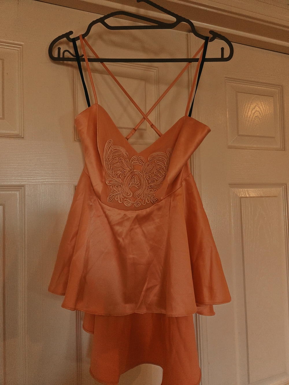 bebe Orange Satin Spaghetti Strap Peplum Top